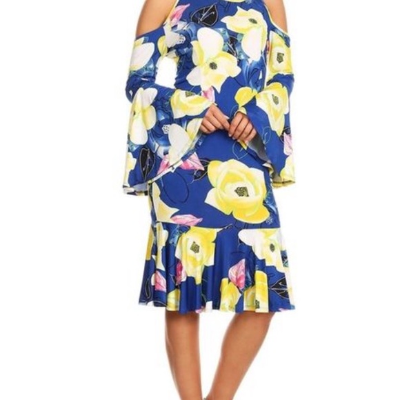 Blue and yellow floral dress. Floral printed midi. - Picture 2 of 4